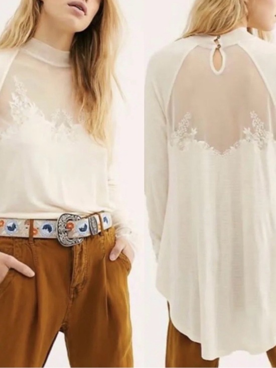 Free People Tops - Free People Cream Lace-Back Long Sleeve Tee